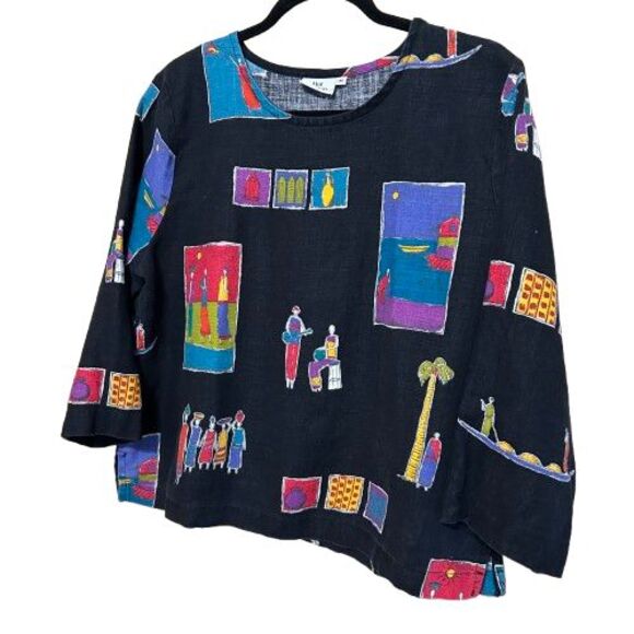 Hot Cotton Boxy Linen Blend Novelty Print Top Medium - Picture 2 of 5